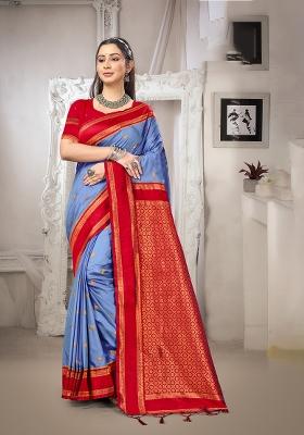 Blue Zari Work Silk Saree Set