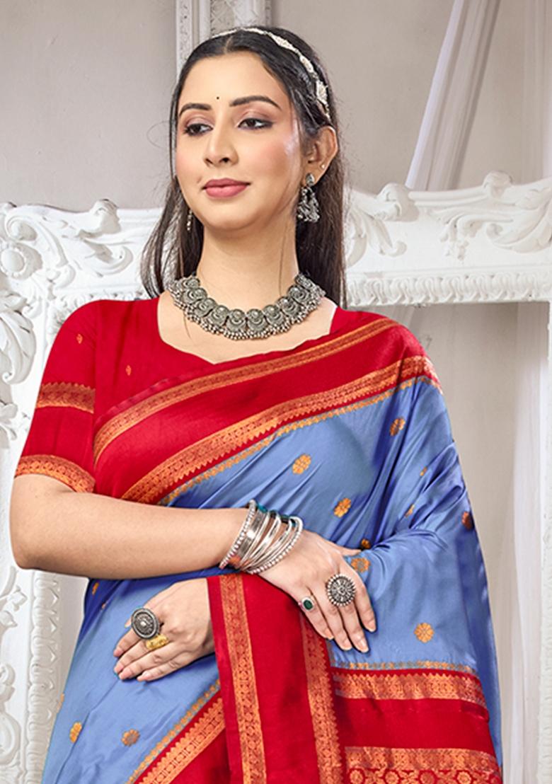 Blue Zari Work Silk Saree Set - Indya