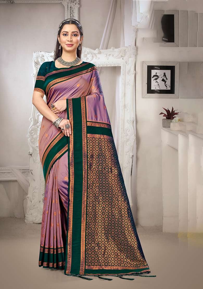 Purple Silk Saree Set with Zari Work for Diwali | Wedding & Festive Wear - Indya