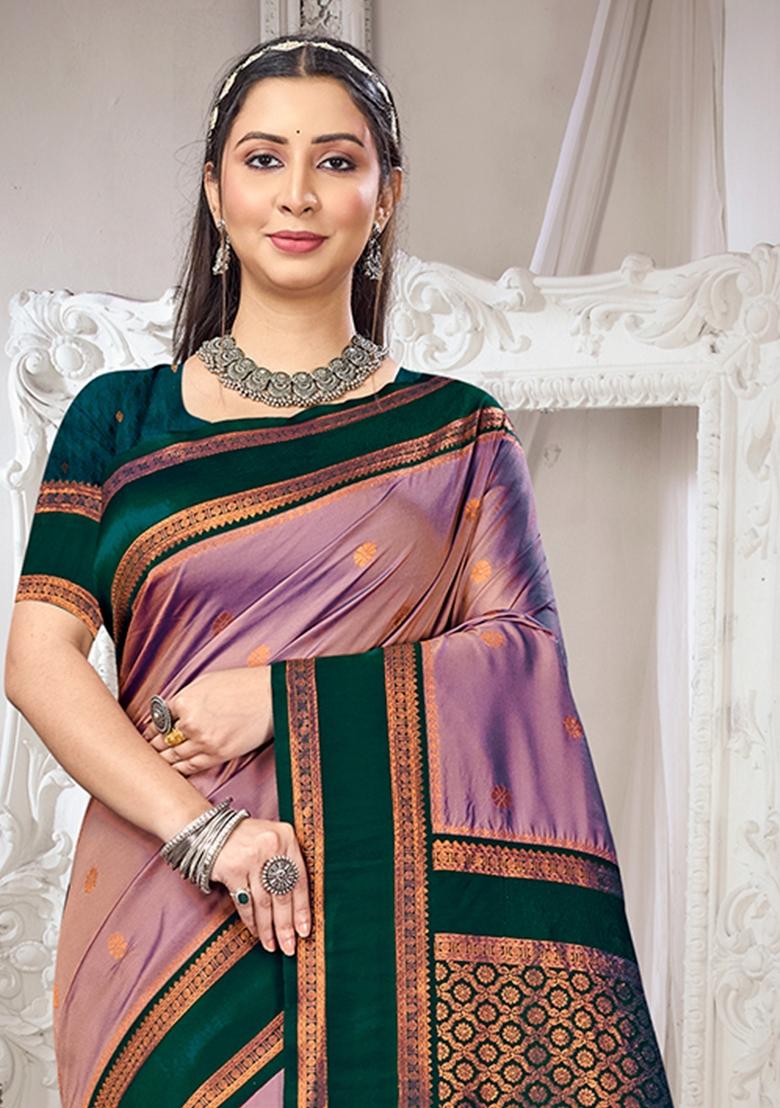 Purple Zari Work Silk Saree Set - Indya