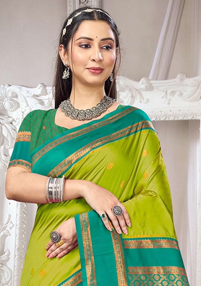 Green Zari Work Silk Saree Set - Indya