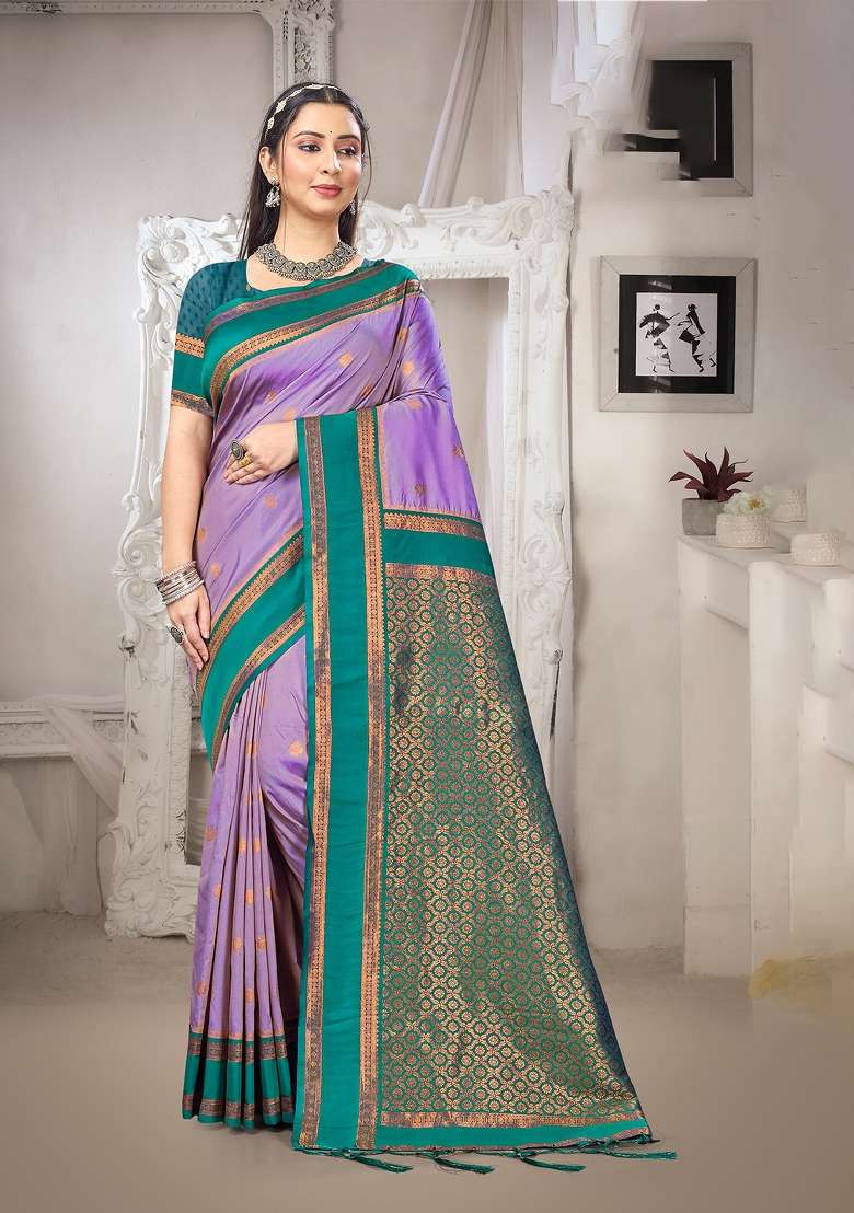 Lavender Zari Work Silk Saree Set for Diwali and Festive Wear - Indya