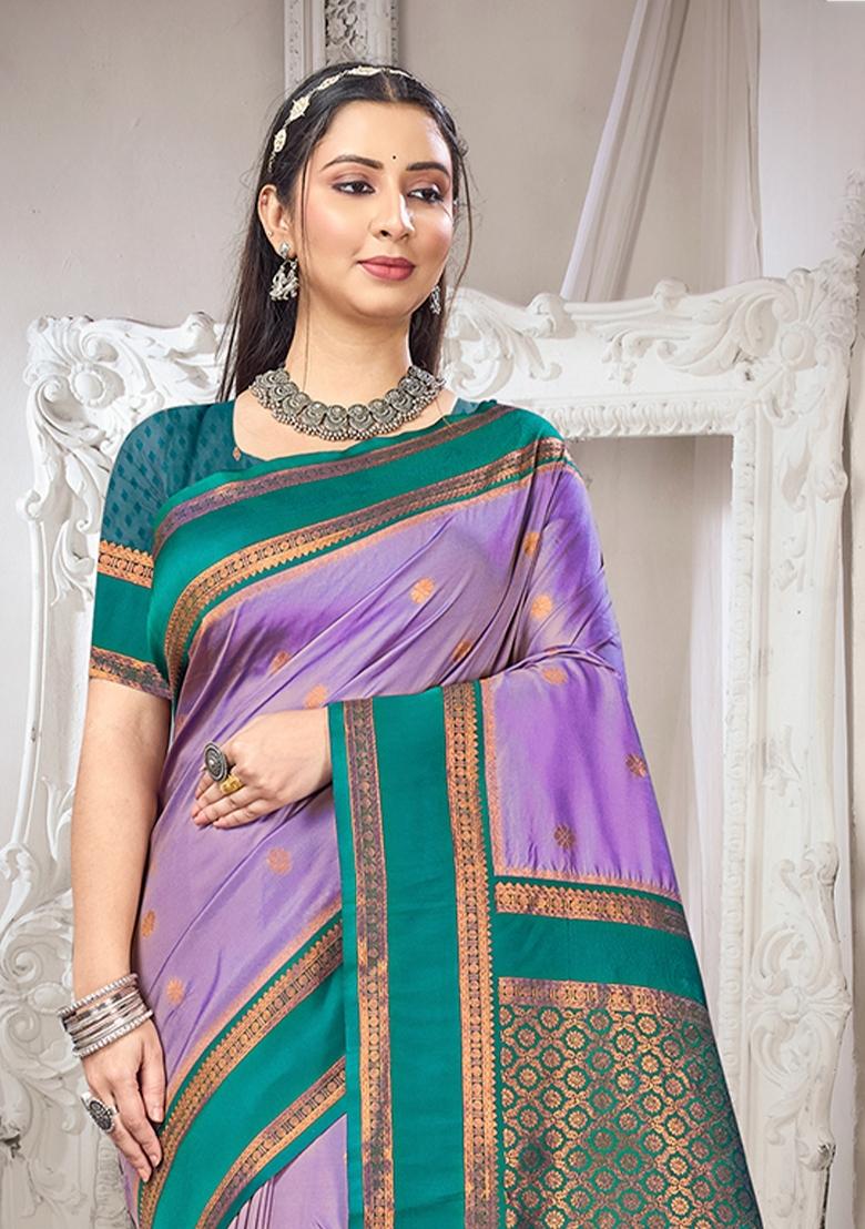 Lavender Zari Work Silk Saree Set - Indya