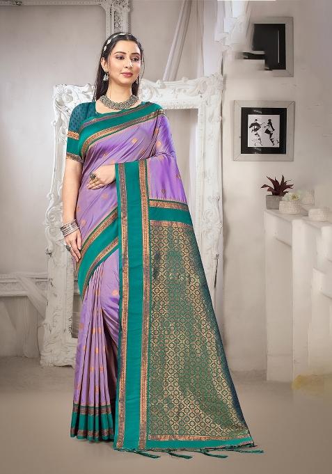 Lavender Zari Work Silk Saree Set