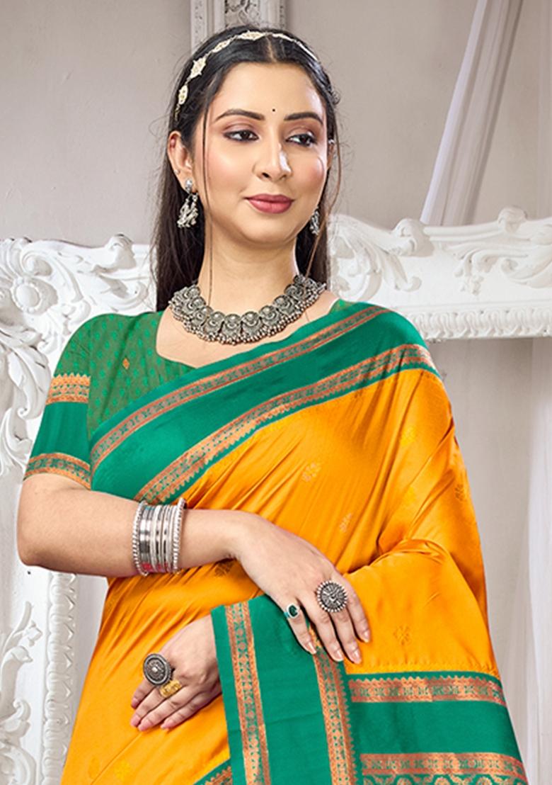 Yellow Zari Work Silk Saree Set - Indya