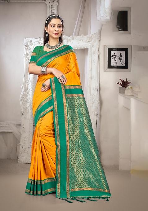 Yellow Zari Work Silk Saree Set