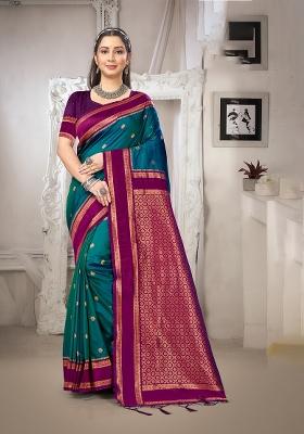 Teal Zari Work Silk Saree Set