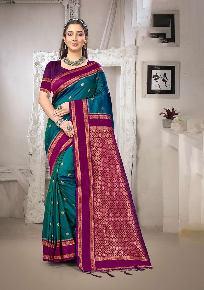 Teal Silk Saree Set with Zari Work for Diwali | Wedding & Festive Wear - Indya