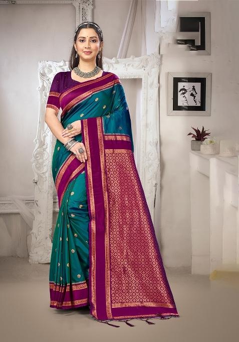 Teal Zari Work Silk Saree Set