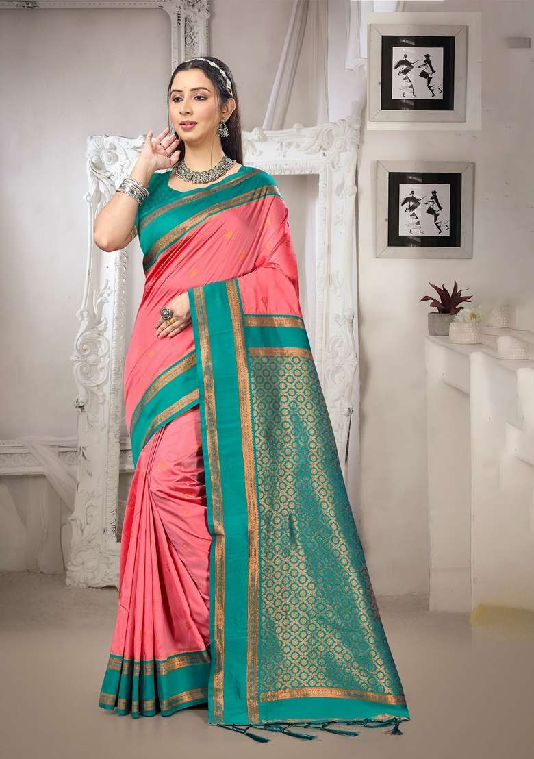 Peach Zari Work Silk Saree Set for Diwali and Festive Wear - Indya
