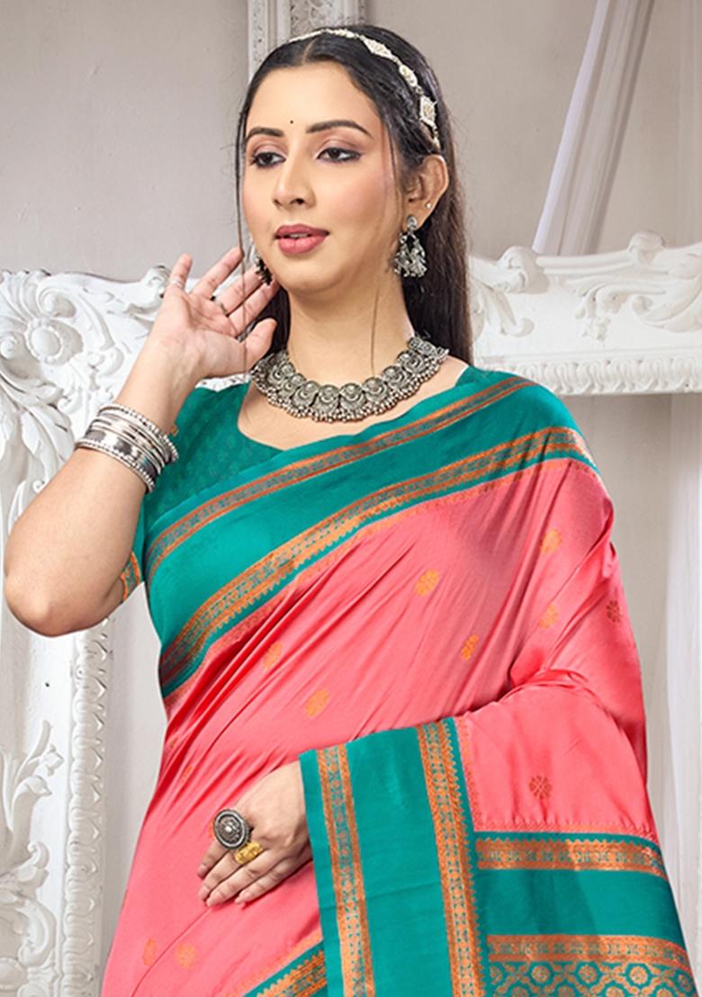 Peach Zari Work Silk Saree Set - Indya