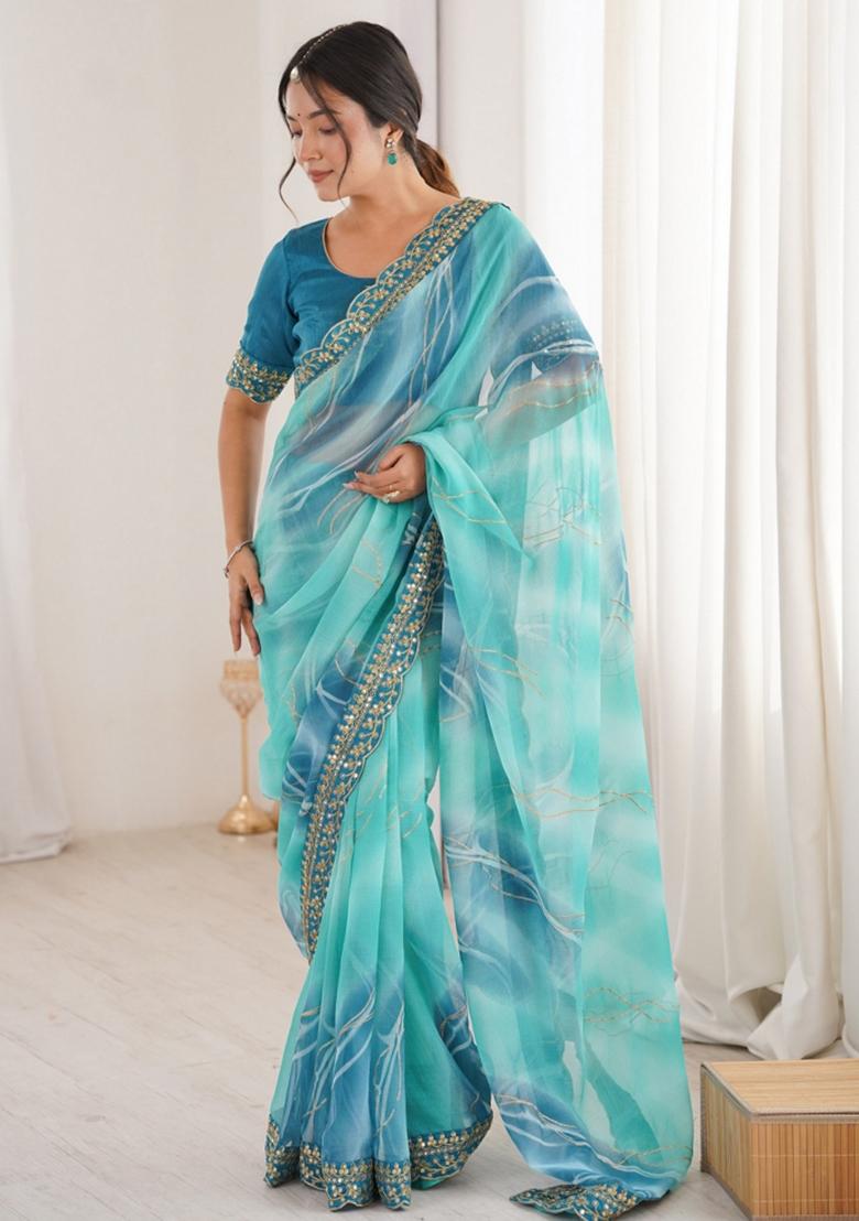 Sky Blue Abstract Georgette Saree Set - Indya