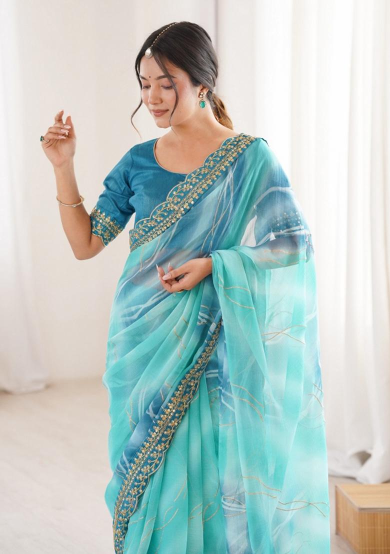 Sky Blue Abstract Georgette Saree Set - Indya