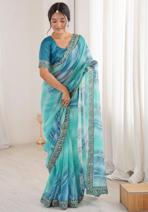 Sky Blue Abstract Georgette Saree Set