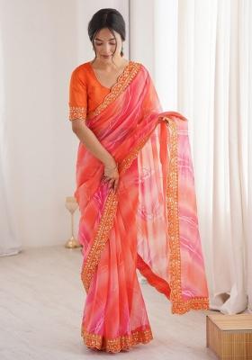 Orange Abstract Georgette Saree Set