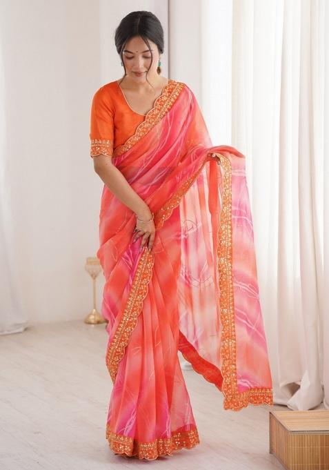 Orange Abstract Georgette Saree Set