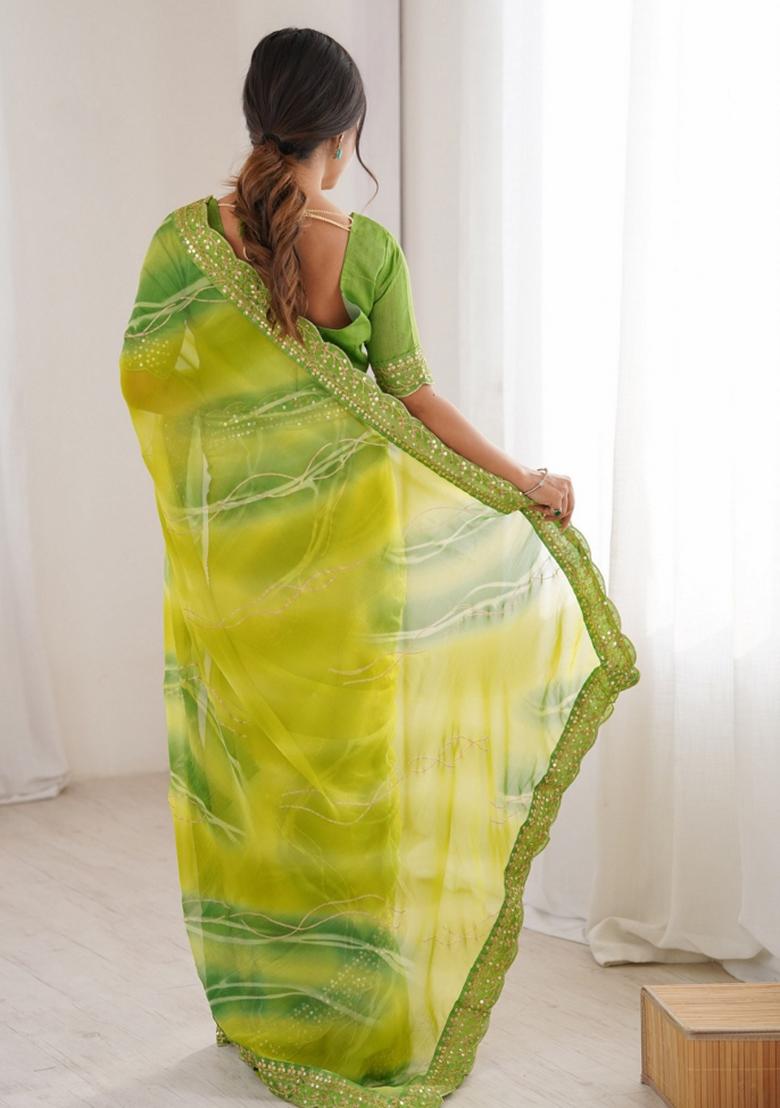 Green Abstract Georgette Saree Set - Indya