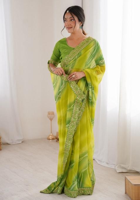 Green Abstract Georgette Saree Set