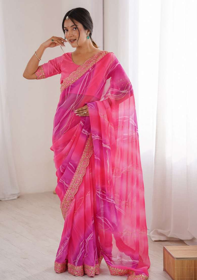 Pink Abstract Georgette Saree Set for Diwali | Wedding & Festive Wear - Indya