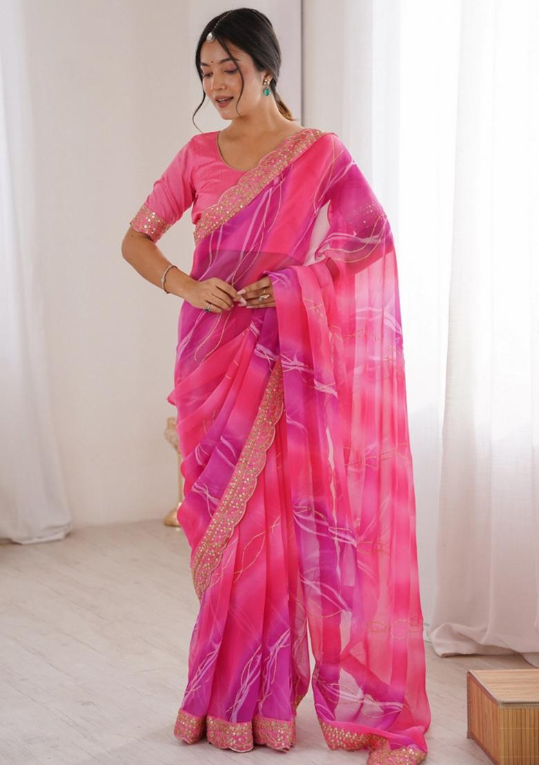 Pink Abstract Georgette Saree Set - Indya