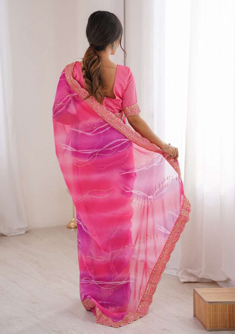 Pink Abstract Georgette Saree Set for Diwali | Wedding & Festive Wear - Indya