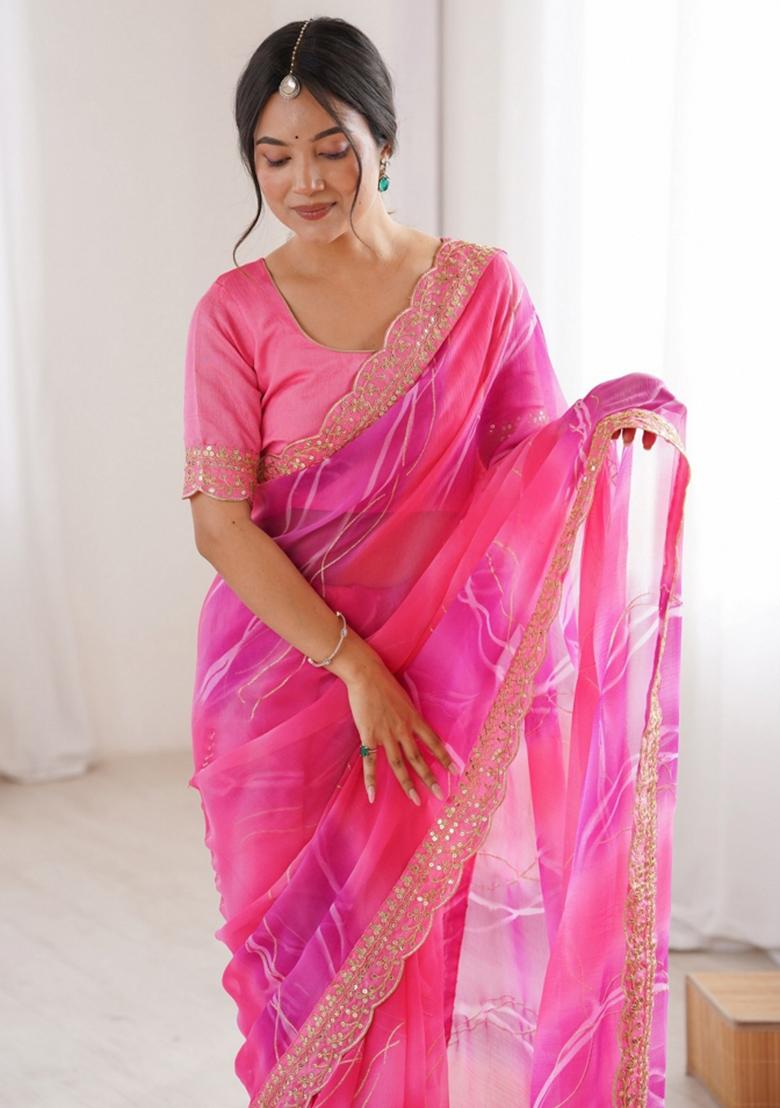 Pink Abstract Georgette Saree Set - Indya