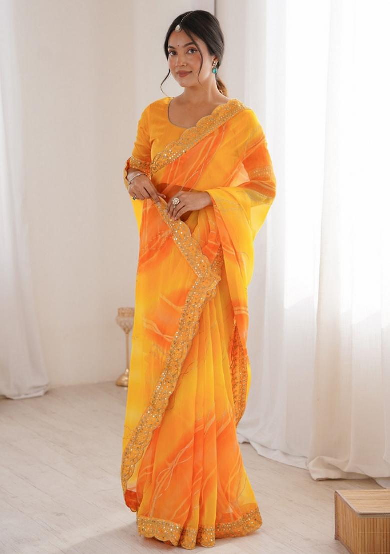 Yellow Abstract Georgette Saree Set - Indya