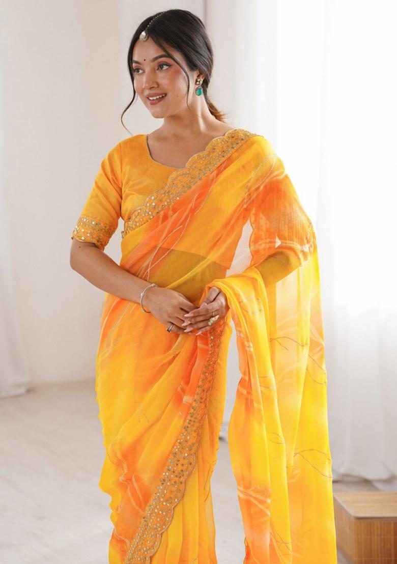 Yellow Abstract Georgette Saree Set - Indya