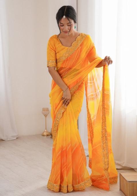 Yellow Abstract Georgette Saree Set