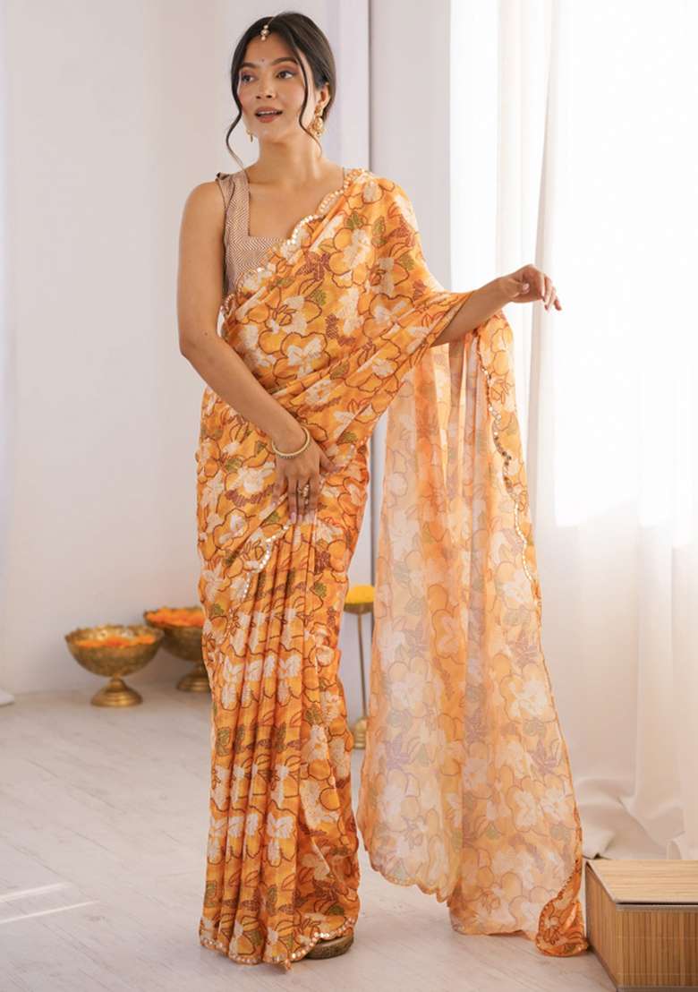 Mustard Abstract Chiffon Saree Set for Diwali and Festive Wear - Indya