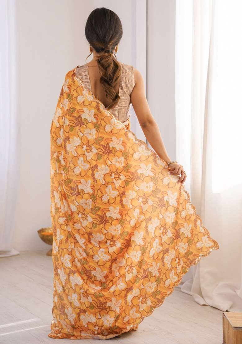 Mustard Abstract Chiffon Saree Set for Diwali and Festive Wear - Indya