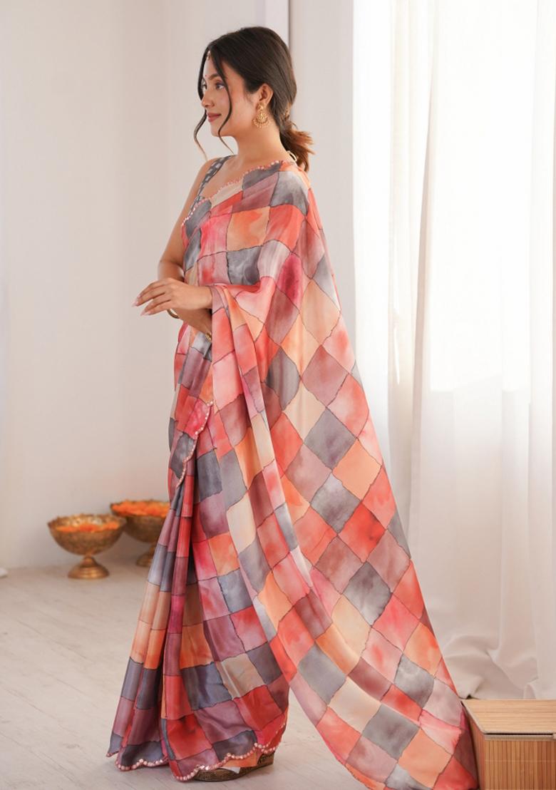 Multicolor Abstract Chiffon Saree Set - Indya