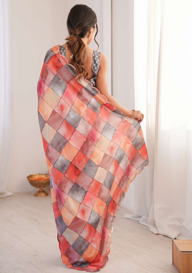 Multicolor Abstract Chiffon Saree Set for Diwali and Festive Wear - Indya