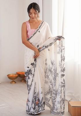 White Abstract Chiffon Saree Set