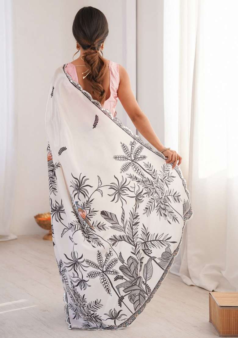White Abstract Chiffon Saree Set for Diwali and Festive Wear - Indya