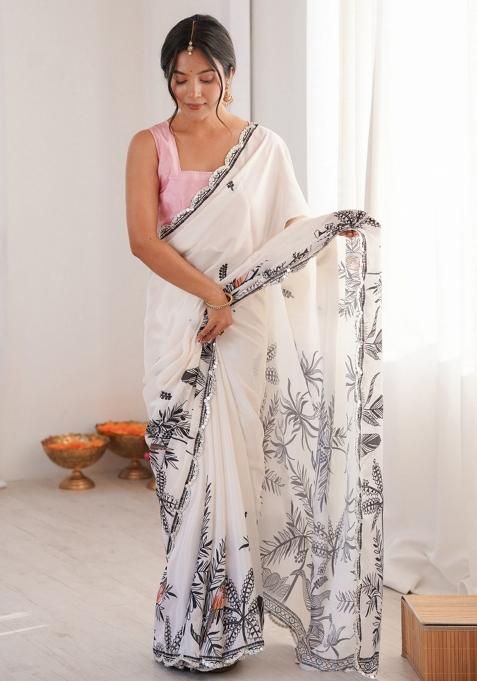 White Abstract Chiffon Saree Set
