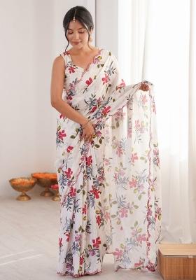 White Abstract Chiffon Saree Set