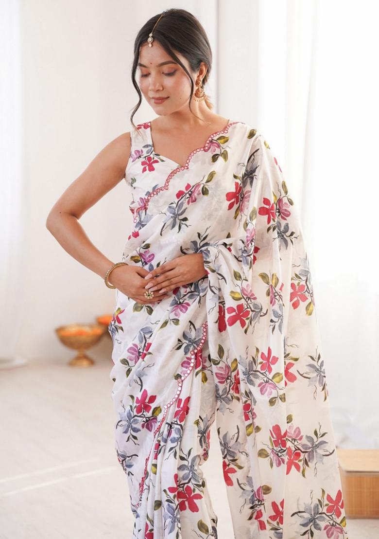 White Abstract Chiffon Saree Set - Indya