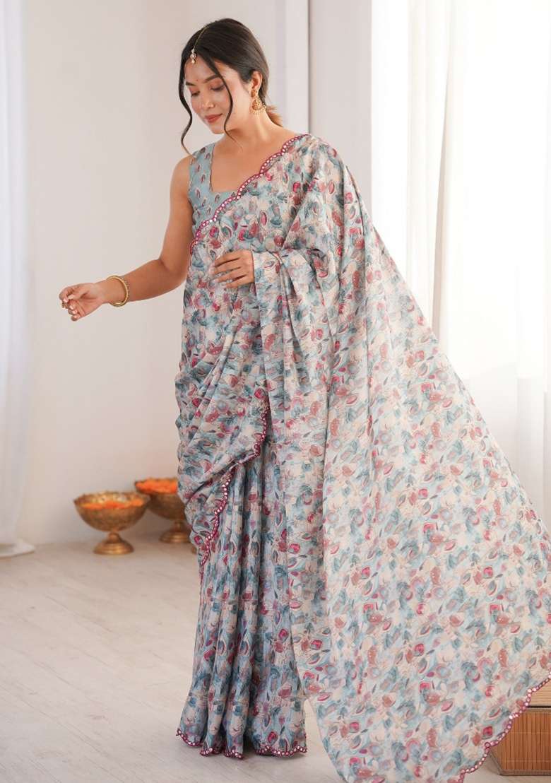 Grey Abstract Chiffon Saree Set for Diwali | Wedding & Festive Wear - Indya