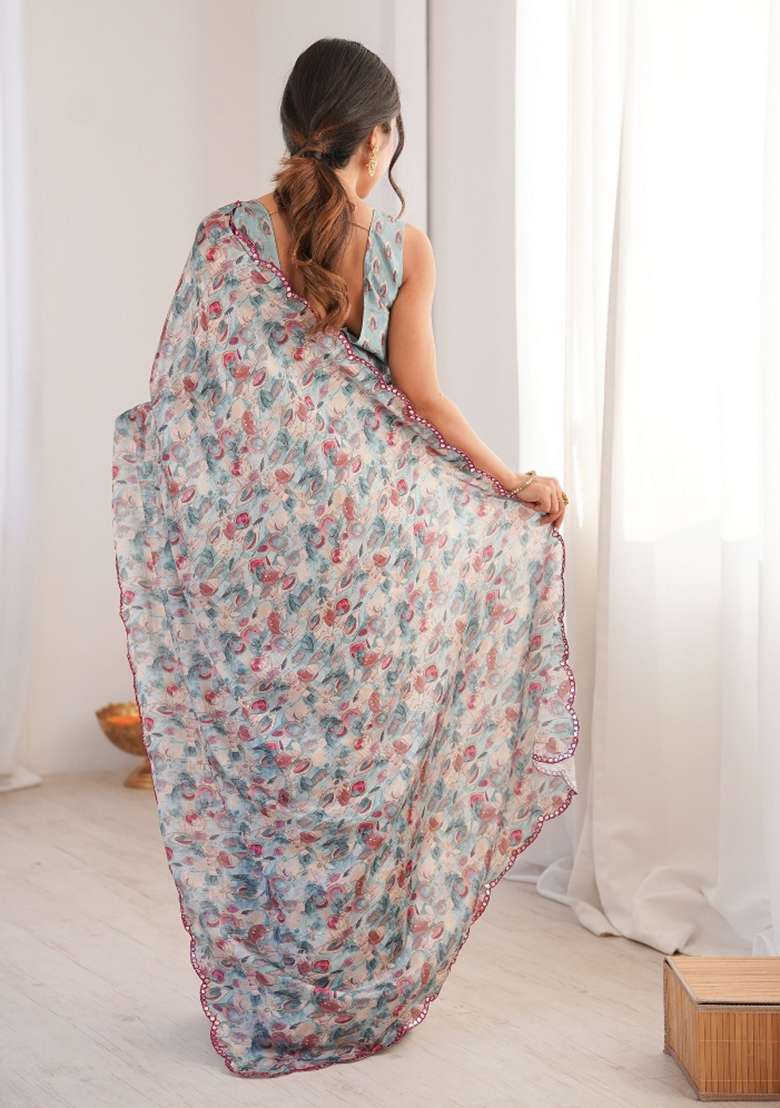 Grey Abstract Chiffon Saree Set for Diwali | Wedding & Festive Wear - Indya