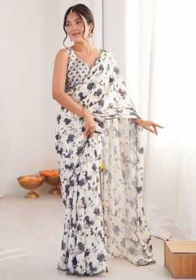 White Abstract Chiffon Saree Set