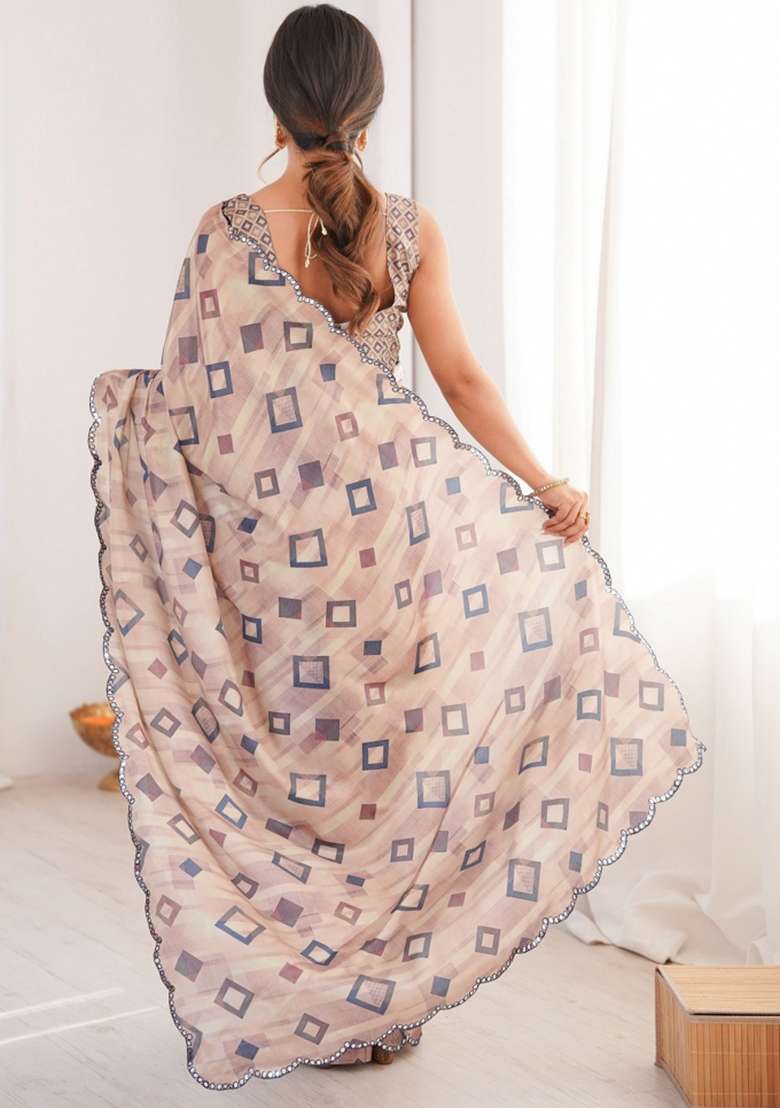 Brown Abstract Chiffon Saree Set for Diwali | Wedding & Festive Wear - Indya