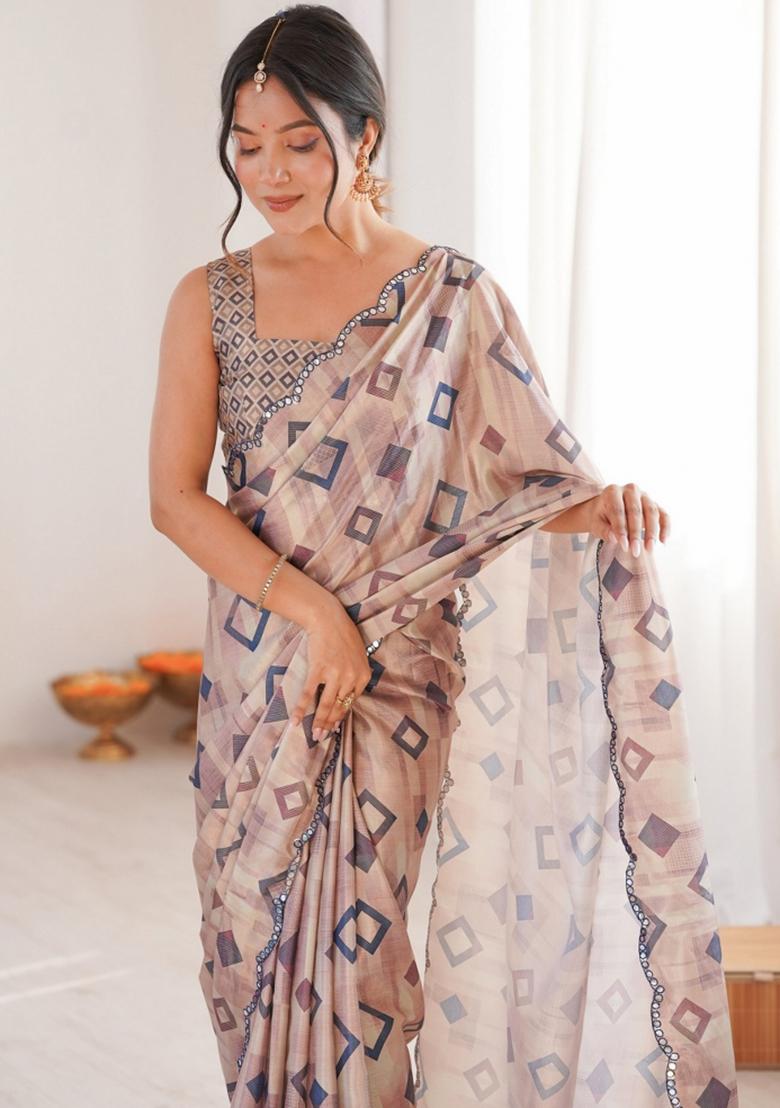 Brown Abstract Chiffon Saree Set - Indya
