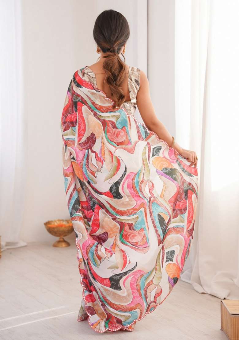 Multicolor Abstract Chiffon Saree Set for Diwali | Wedding & Festive Wear - Indya