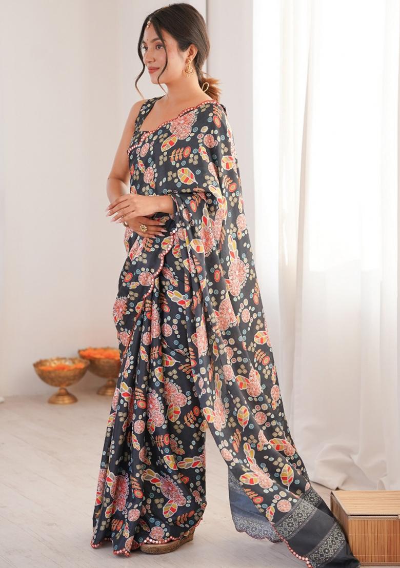 Grey Abstract Chiffon Saree Set - Indya