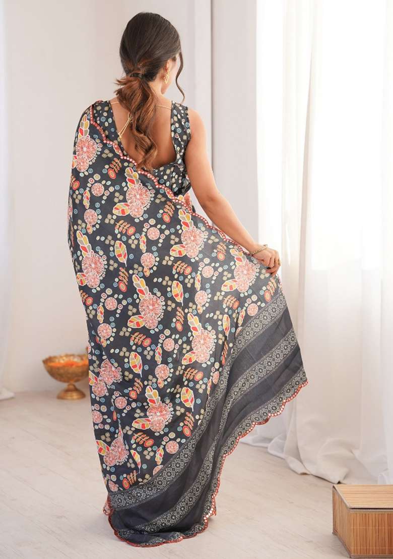 Grey Abstract Chiffon Saree Set for Diwali | Wedding & Festive Wear - Indya