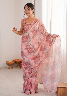 Peach Abstract Chiffon Saree Set