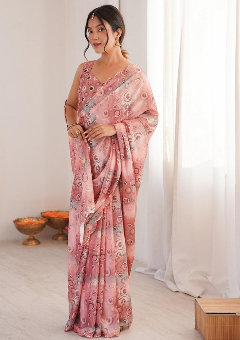 Peach Abstract Chiffon Saree Set - Indya