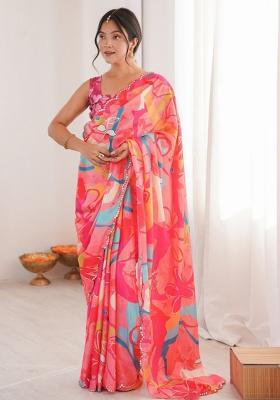 Pink Abstract Chiffon Saree Set