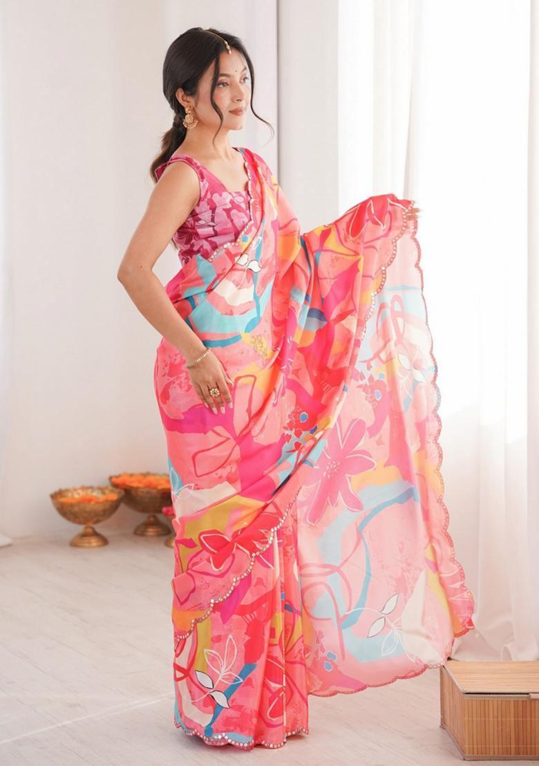 Pink Abstract Chiffon Saree Set - Indya